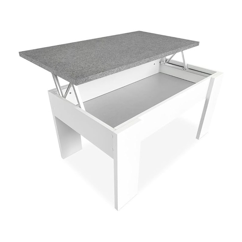 Mesa de Centro Elevable, Medidas: 90 cm x 50 cm x 46-57 cm, Acabado en Color Madera Blanca con Tapa Gris Piedra