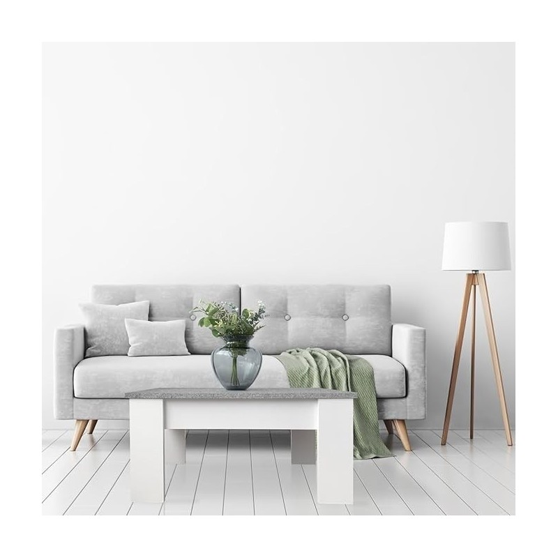 Mesa de Centro Elevable, Medidas: 90 cm x 50 cm x 46-57 cm, Acabado en Color Madera Blanca con Tapa Gris Piedra