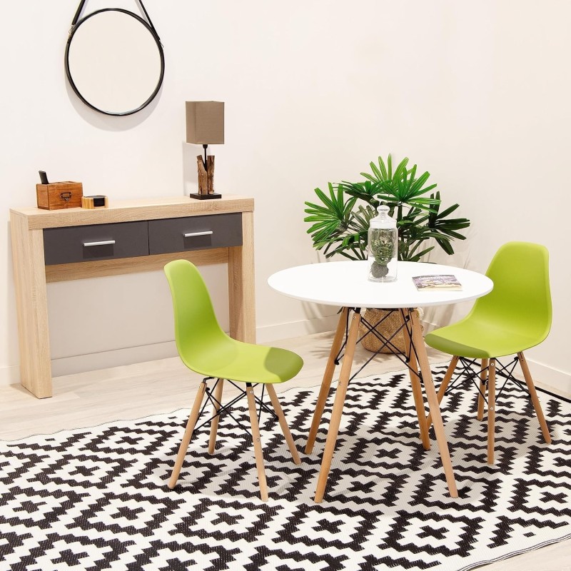 Mesa Redonda de Comedor o Cocina en Patas de Madera y Tapa Blanca – 80 cm de Diámetro y 75 cm de Alto.