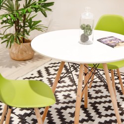 Mesa Redonda de Comedor o Cocina en Patas de Madera y Tapa Blanca – 80 cm de Diámetro y 75 cm de Alto.