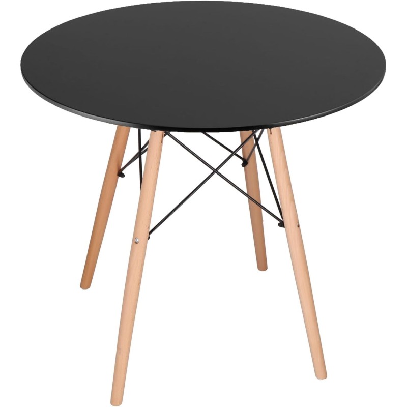 Mesa Redonda de Comedor o Cocina en Patas de Madera y Tapa Negra – 80 cm de Diámetro y 75 cm de Alto.