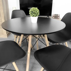 Mesa Redonda de Comedor o Cocina en Patas de Madera y Tapa Negra – 80 cm de Diámetro y 75 cm de Alto.