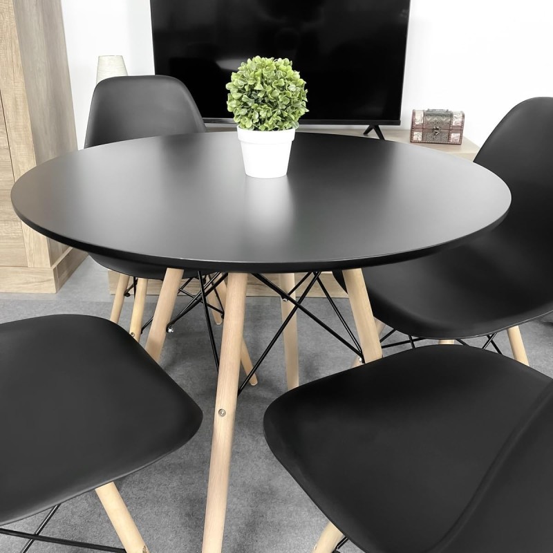 Mesa Redonda de Comedor o Cocina en Patas de Madera y Tapa Negra – 80 cm de Diámetro y 75 cm de Alto.