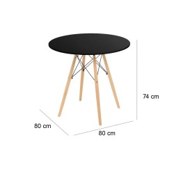 Mesa Redonda de Comedor o Cocina en Patas de Madera y Tapa Negra – 80 cm de Diámetro y 75 cm de Alto.