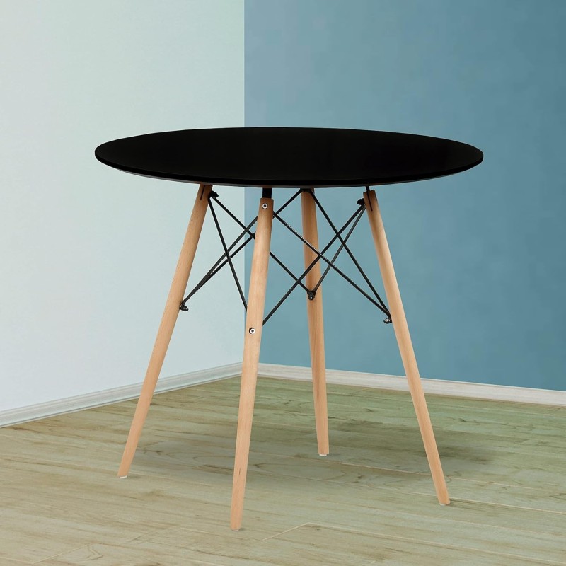 Conjunto Mesa y Sillas Nórdicas: Mesa Negra (80x80x76 cm) + 4 Sillas con Patas de Madera Haya (46,5 x 48 x 82 cm)