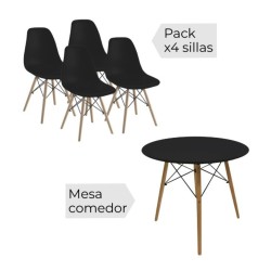 Conjunto Mesa y Sillas Nórdicas: Mesa Negra (80x80x76 cm) + 4 Sillas con Patas de Madera Haya (46,5 x 48 x 82 cm)