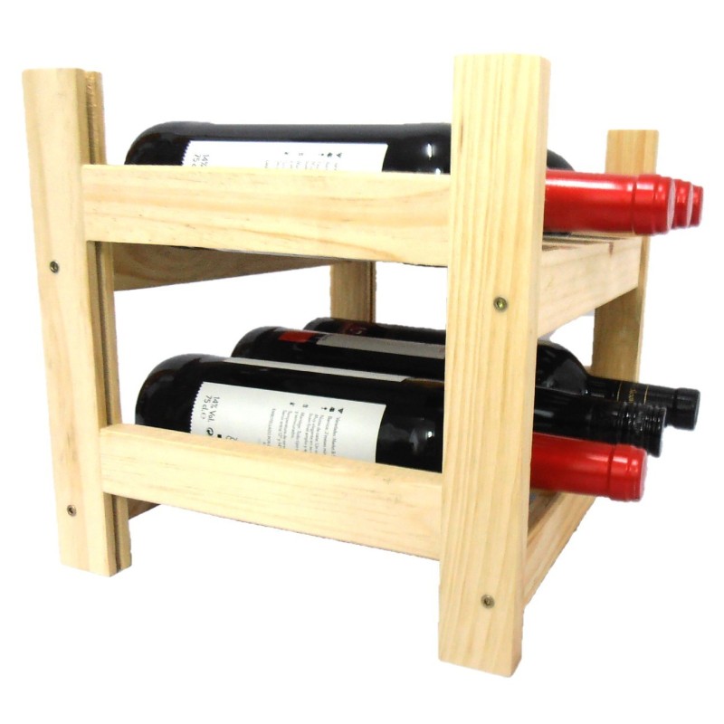 Botellero de Madera de Pino en Color Natural para 6 Botellas y con 2 Niveles de Altura.