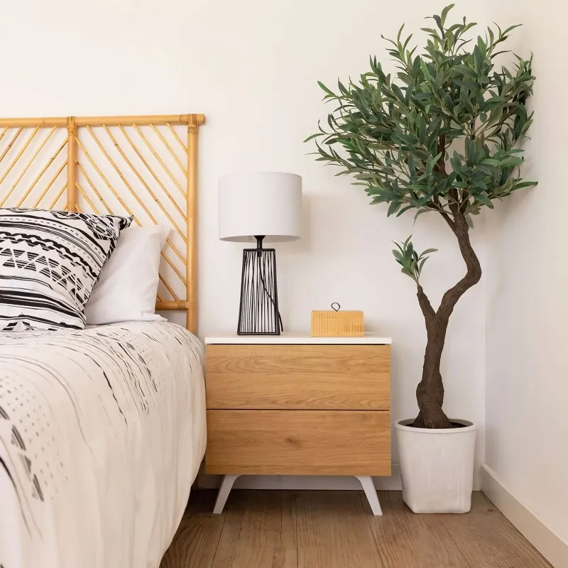 Meyvaser Mesita de noche 2 cajones Color blanco y Natural 52 cm (ancho) x 50 cm (alto) x 34,8 cm (fondo)