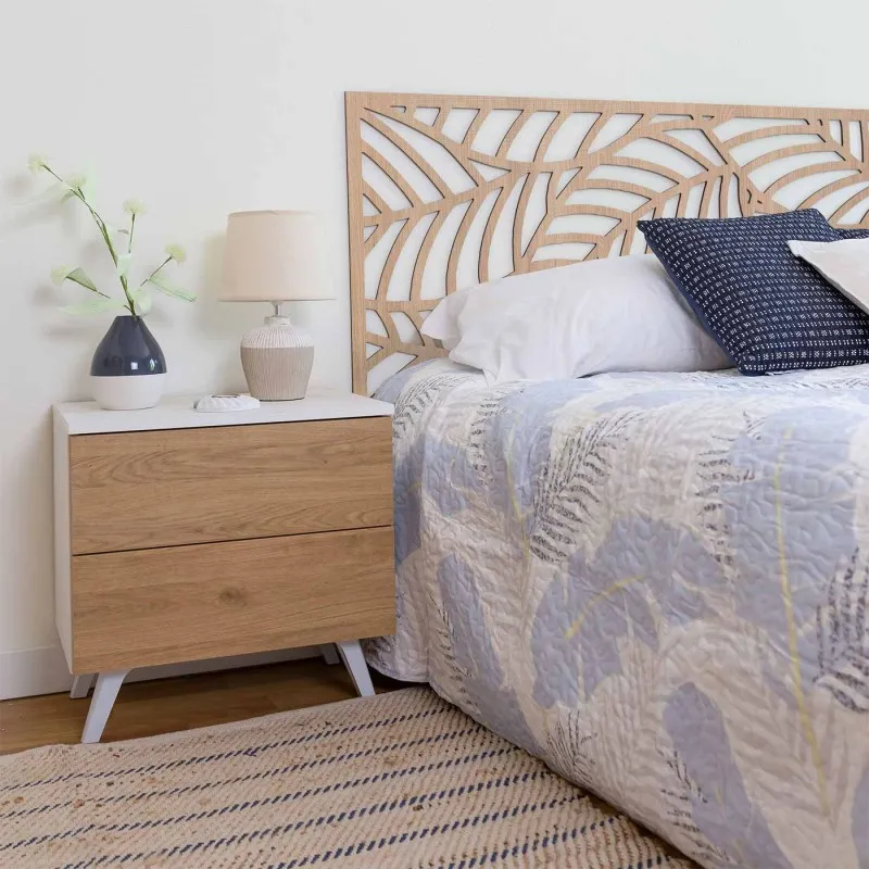 Meyvaser Mesita de noche 2 cajones Color blanco y Natural 52 cm (ancho) x 50 cm (alto) x 34,8 cm (fondo)