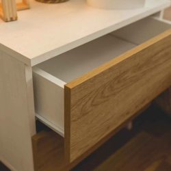 Meyvaser Mesita de noche 2 cajones Color blanco y Natural 52 cm (ancho) x 50 cm (alto) x 34,8 cm (fondo)