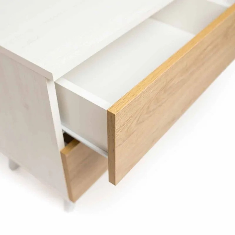 Meyvaser Mesita de noche 2 cajones Color blanco y Natural 52 cm (ancho) x 50 cm (alto) x 34,8 cm (fondo)