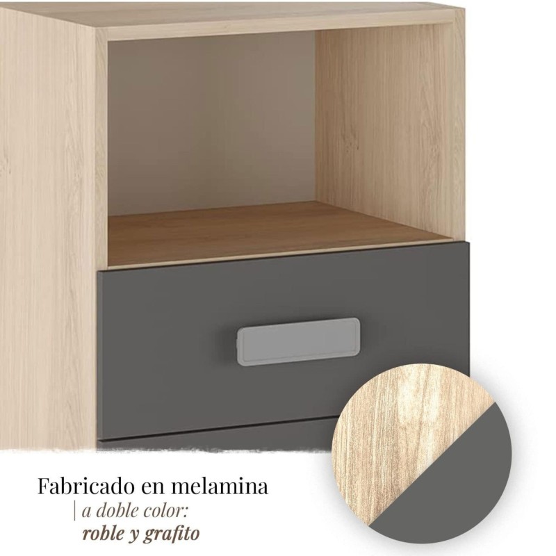 Mesita de noche - Dormitorio o Mesa Auxiliar Salón, Natural y Grafito Veteado, 47.5 x 73 x 39.6 Cm
