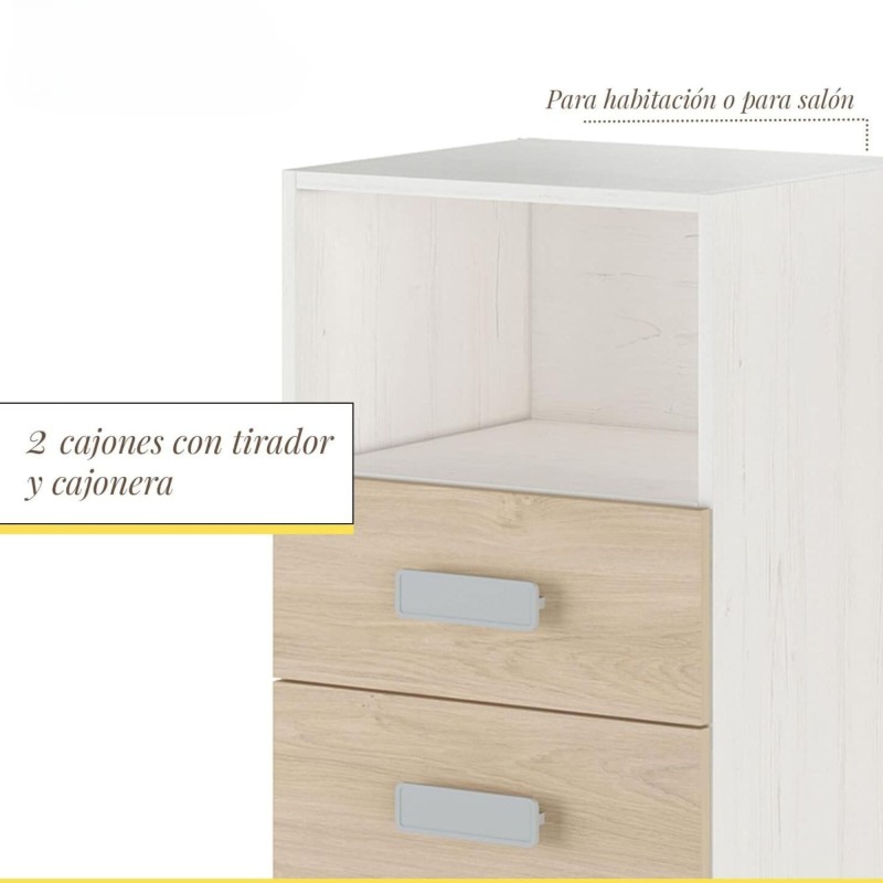 Mesita de noche - Dormitorio o Mesa Auxiliar Salón, Blanco y Natural Veteado, 47.5 x 73 x 39.6 Cm