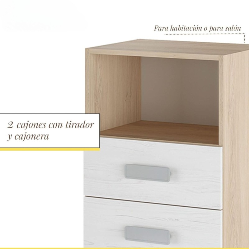 Mesita de noche - Dormitorio o Mesa Auxiliar Salón, Natural y Blanco Veteado, 47.5 x 73 x 39.6 cm