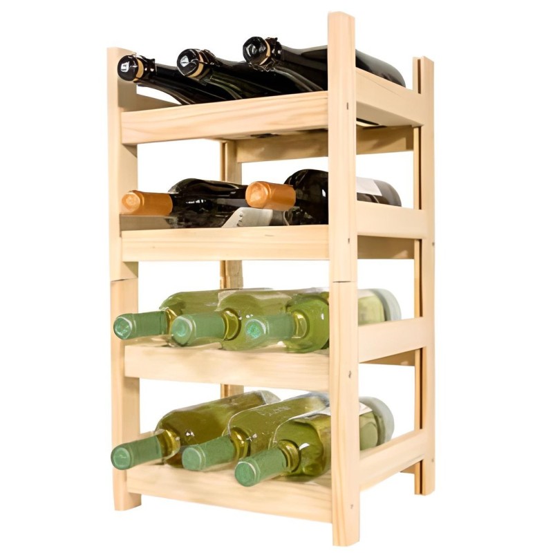 Botellero de Madera de Pino apilable en Color Natural para 12 Botellas y con 4 Niveles de Altura