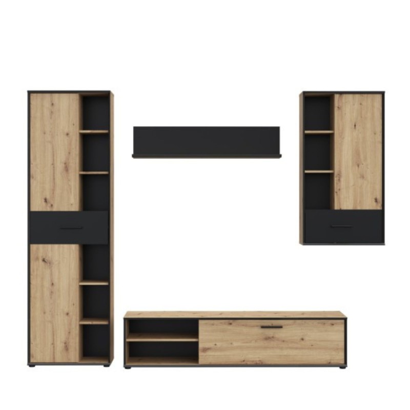 Mueble de Salón Completo | Mueble de TV, Estante, Vitrina | Medidas: 260 x 40.6 x 200 cm | Color Roble Artisan con Gris