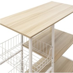 Estanteria de Cocina con 2 Cestas de Malla Metálica Blanca, 3 Estantes y Ganchos 80x34x75cm Color Madera y Blanco