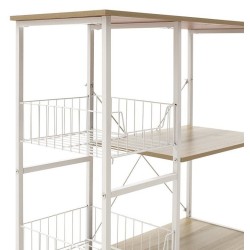 Estanteria de Cocina con 2 Cestas de Malla Metálica Blanca, 3 Estantes y Ganchos 80x34x75cm Color Madera y Blanco