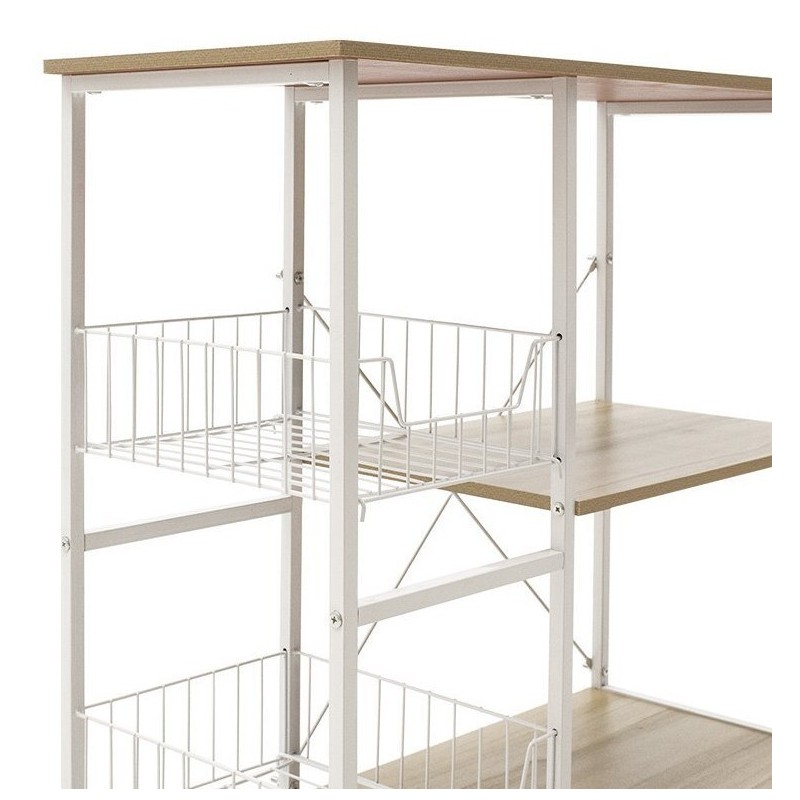 Estanteria de Cocina con 2 Cestas de Malla Metálica Blanca, 3 Estantes y Ganchos 80x34x75cm Color Madera y Blanco
