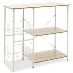 Estanteria de Cocina con 2 Cestas de Malla Metálica Blanca, 3 Estantes y Ganchos 80x34x75cm Color Madera y Blanco