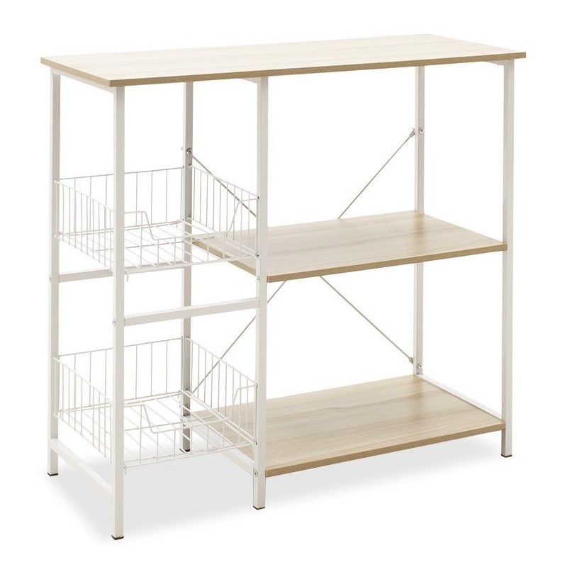 Estanteria de Cocina con 2 Cestas de Malla Metálica Blanca, 3 Estantes y Ganchos 80x34x75cm Color Madera y Blanco