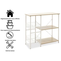 Estanteria de Cocina con 2 Cestas de Malla Metálica Blanca, 3 Estantes y Ganchos 80x34x75cm Color Madera y Blanco