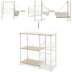 Estanteria de Cocina con 2 Cestas de Malla Metálica Blanca, 3 Estantes y Ganchos 80x34x75cm Color Madera y Blanco
