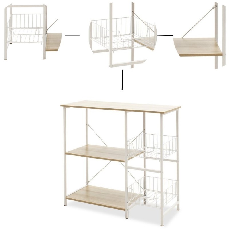 Estanteria de Cocina con 2 Cestas de Malla Metálica Blanca, 3 Estantes y Ganchos 80x34x75cm Color Madera y Blanco