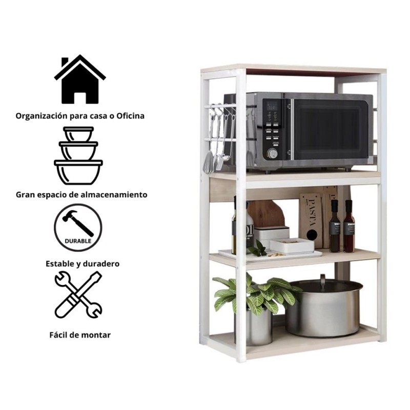 Estantería de Cocina Alta con Marco de Metal Blanco, Estante para microondas 50x30x100 Cm Color Natural y Blanco