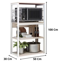 Estantería de Cocina Alta con Marco de Metal Blanco, Estante para microondas 50x30x100 Cm Color Natural y Blanco