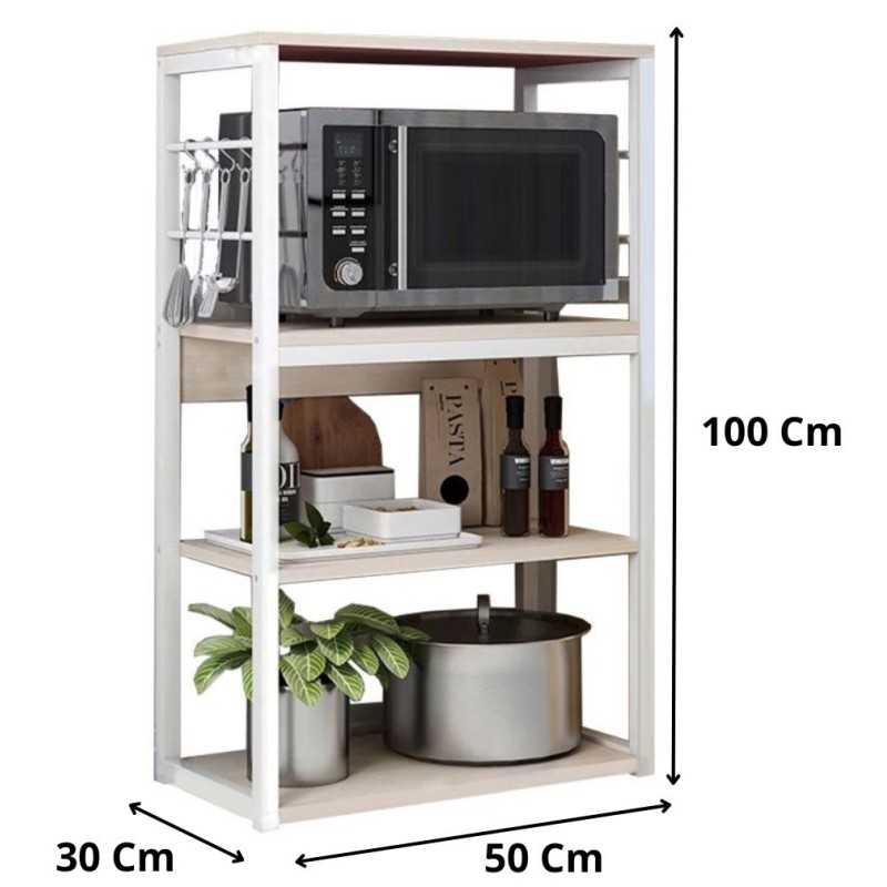Estantería de Cocina Alta con Marco de Metal Blanco, Estante para microondas 50x30x100 Cm Color Natural y Blanco