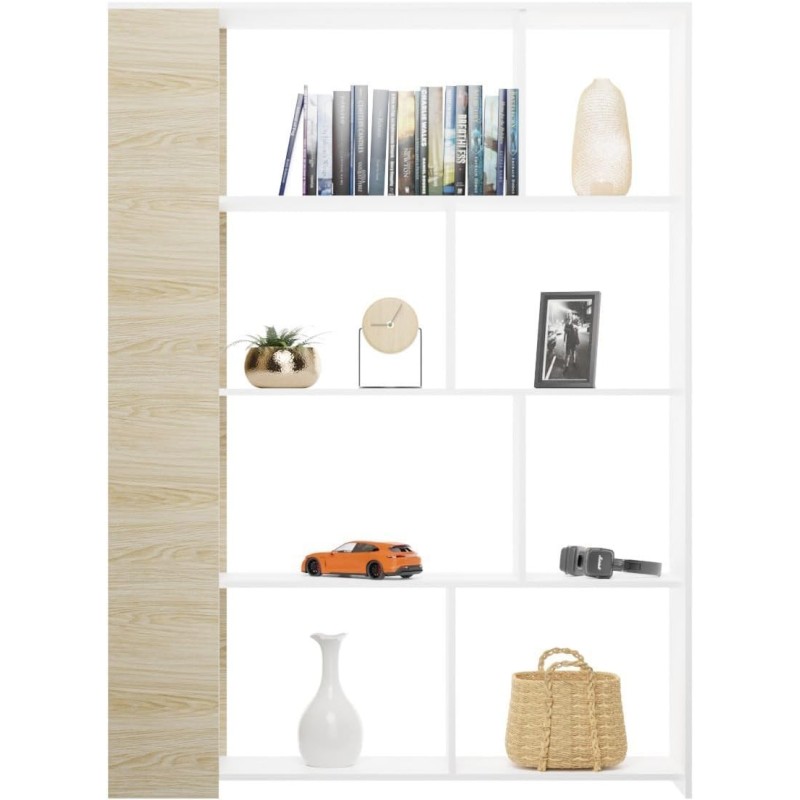 Estantería Decorativa, Librería, Acabado en Roble y Blanco, Medidas: 176 cm (Al) x 129 cm (Anc) x 28 cm (Fon)