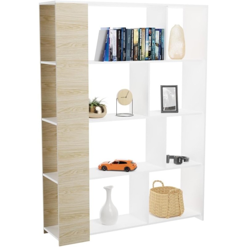 Estantería Decorativa, Librería, Acabado en Roble y Blanco, Medidas: 176 cm (Al) x 129 cm (Anc) x 28 cm (Fon)