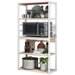 Estantería de Cocina Alta con Marco de Metal Blanco, Estante para microondas 50x30x130 Cm Color Natural y Blanco