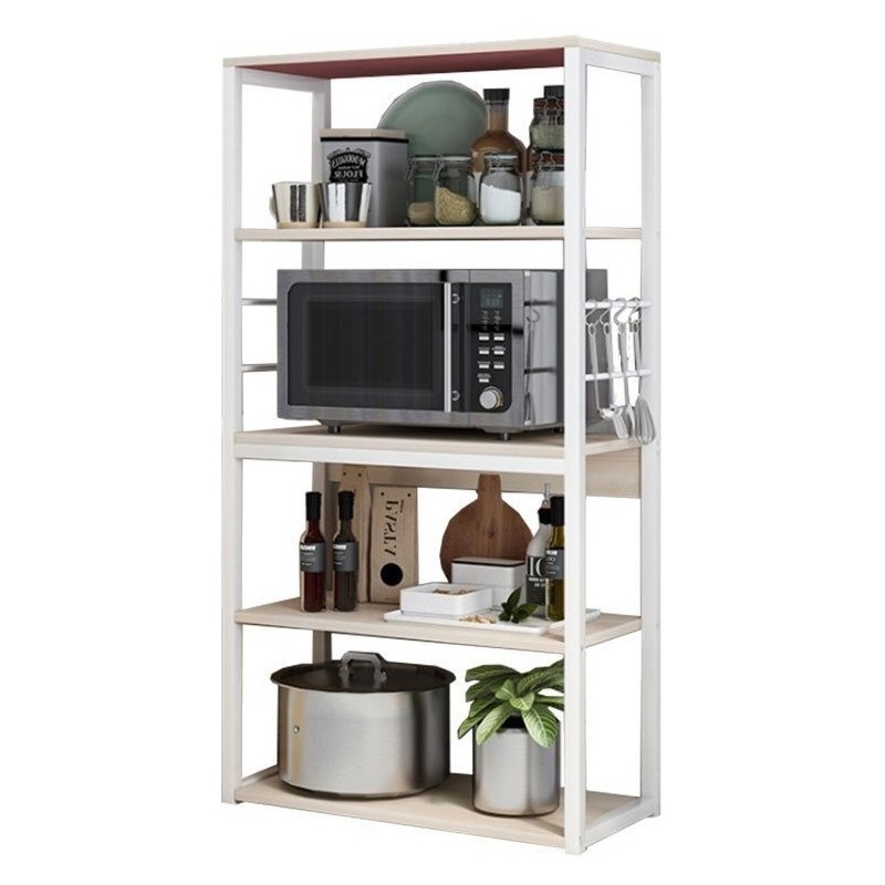 Estantería de Cocina Alta con Marco de Metal Blanco, Estante para microondas 50x30x130 Cm Color Natural y Blanco