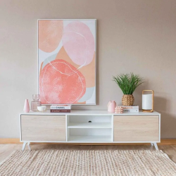 Mueble de TV de Diseño Nórdico + Modulo Alto,2 Estantes y 2 Puertas,Cambrian-Blanco, 49cm(Al) x 180cm (An) x 40cm (Fon)