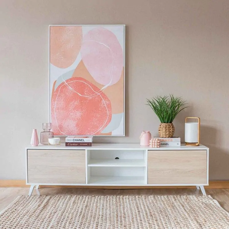 Mueble de TV de Diseño Nórdico + Modulo Alto,2 Estantes y 2 Puertas,Cambrian-Blanco, 49cm(Al) x 180cm (An) x 40cm (Fon)