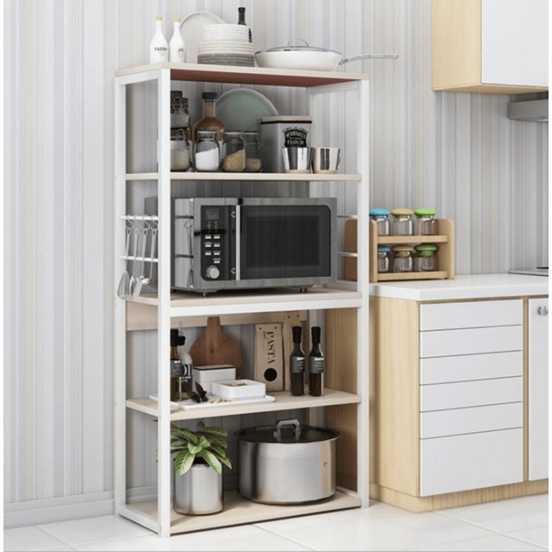 Estantería de Cocina Alta con Marco de Metal Blanco, Estante para microondas 50x30x130 Cm Color Natural y Blanco