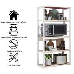 Estantería de Cocina Alta con Marco de Metal Blanco, Estante para microondas 50x30x130 Cm Color Natural y Blanco