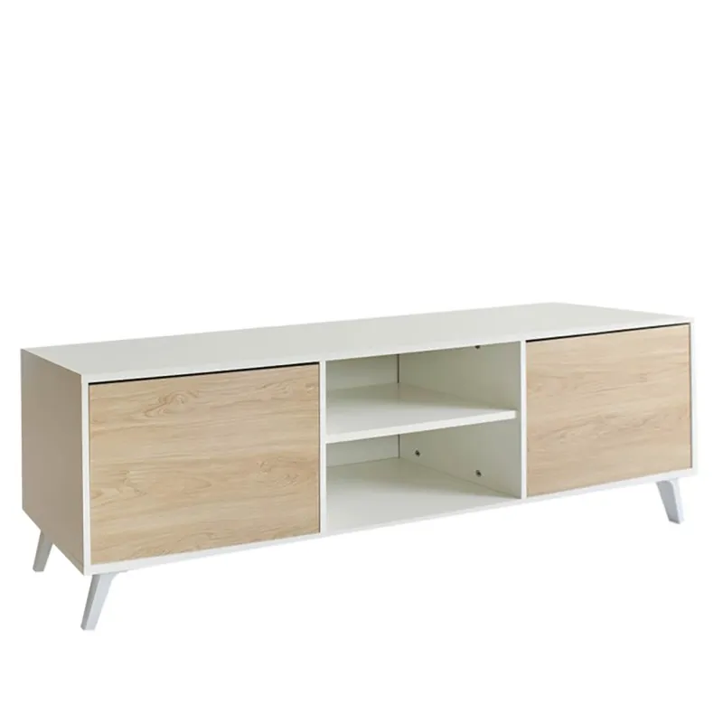 Mueble de TV de Diseño Nórdico, 2 Estantes y 2 Puertas, Cambria - Blanco, 49cm (Al)x 180cm (Anc) x 40cm (Fon)
