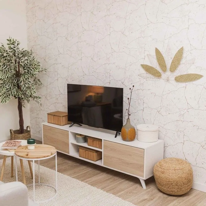 Mueble de TV de Diseño Nórdico + 2 Estantes, 2 Estantes y 2 Puertas,Cambrian-Blanco, 49cm(Al) x 180cm (Anc) x 40cm (Fon)