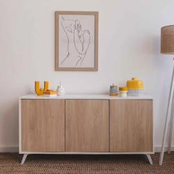 Meyvaser Aparador, Buffet, Salón Comedor 3 Puertas, Armario Auxiliar Color Blanco y Roble, Medidas: 138 cm x 70 x 39,5