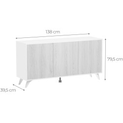 Meyvaser Aparador, Buffet, Salón Comedor 3 Puertas, Armario Auxiliar Color Blanco y Roble, Medidas: 138 cm x 70 x 39,5