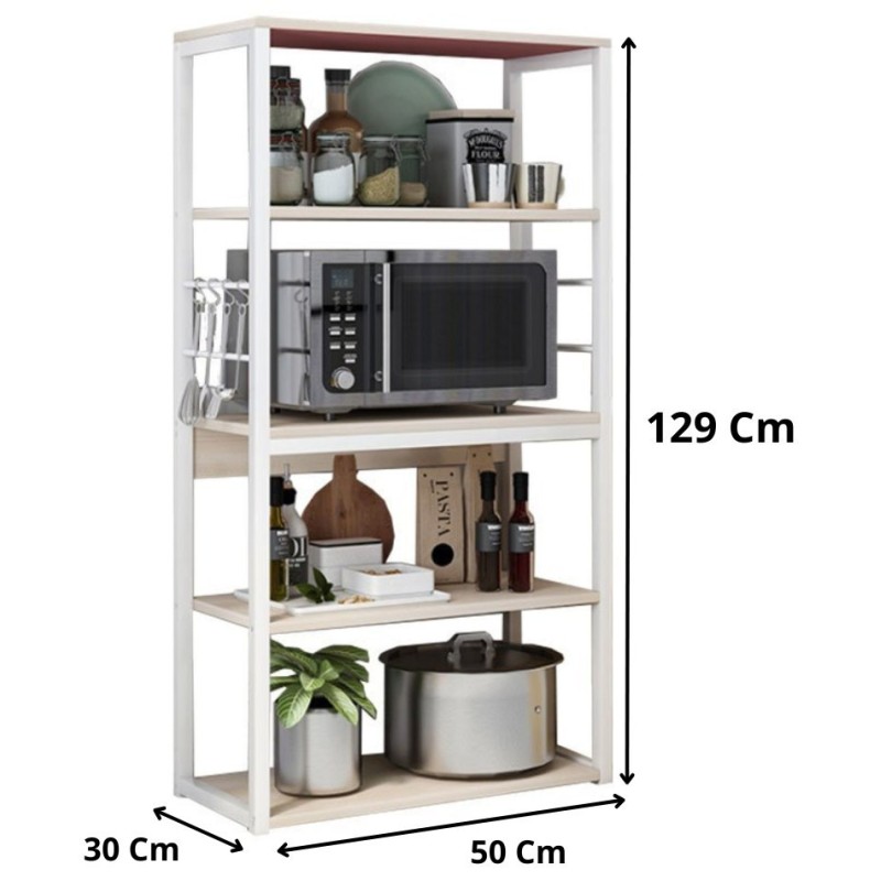 Estantería de Cocina Alta con Marco de Metal Blanco, Estante para microondas 50x30x130 Cm Color Natural y Blanco