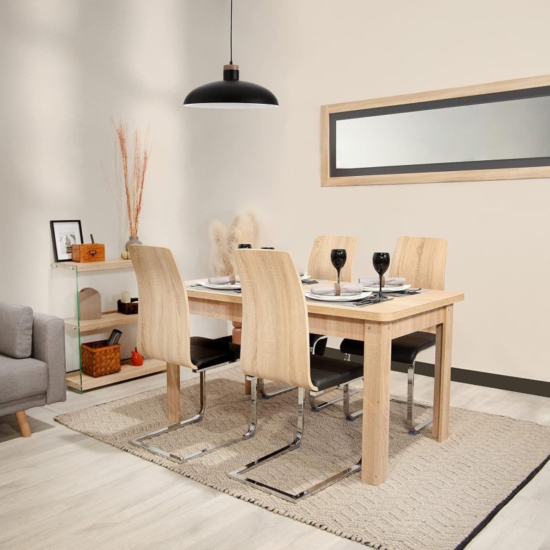 Pack 4 sillas de Comedor, Acabado en símil Piel Color Negro y Madera, Medidas: 44 cm (An) x 57 cm (Lar) x 97 cm (Al)