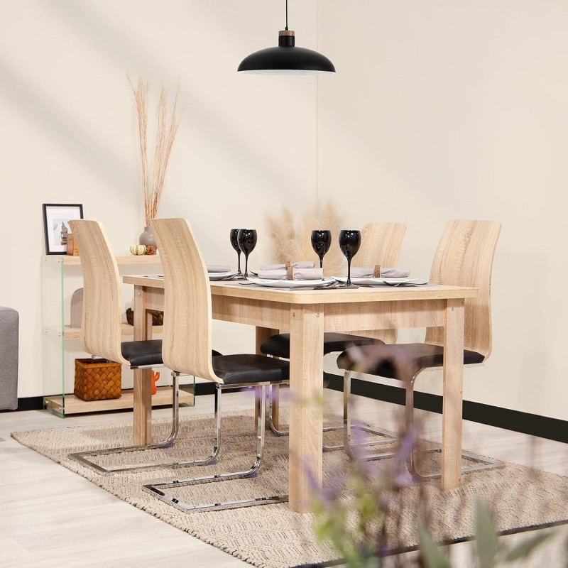 Pack 4 sillas de Comedor, Acabado en símil Piel Color Negro y Madera, Medidas: 44 cm (An) x 57 cm (Lar) x 97 cm (Al)