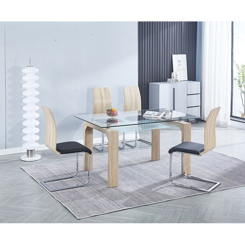 Pack 4 sillas de Comedor, Acabado en símil Piel Color Negro y Madera, Medidas: 44 cm (An) x 57 cm (Lar) x 97 cm (Al)