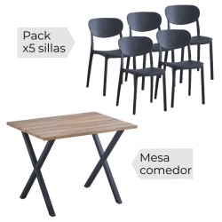 Conjunto Mesa y Sillas Comedor/Cocina: Mesa madera y Patas Metálicas En Negro (76x100x70 Cm) + 5 Sillas (80x40x55 Cm)