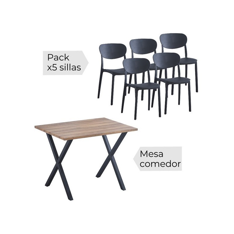 Conjunto Mesa y Sillas Comedor/Cocina: Mesa madera y Patas Metálicas En Negro (76x100x70 Cm) + 5 Sillas (80x40x55 Cm)