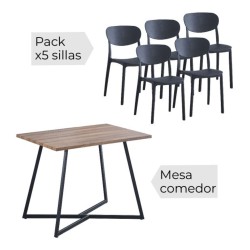 Conjunto Mesa y Sillas Comedor/Cocina: Mesa madera y Patas Metálicas En Negro (76x100x70 Cm) + 5 Sillas (80x40x55 Cm)